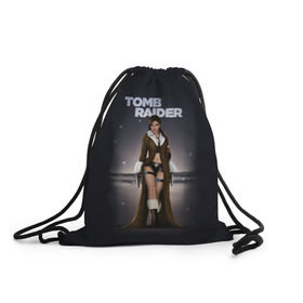 Рюкзак-мешок 3D с принтом TOMB RAIDER в Ухте, 100% полиэстер | плотность ткани — 200 г/м2, размер — 35 х 45 см; лямки — толстые шнурки, застежка на шнуровке, без карманов и подкладки | Тематика изображения на принте: game | girl | gun | lara croft | tomb raider | девушка | игра | оружие | пистолет