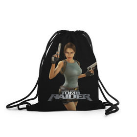 Рюкзак-мешок 3D с принтом TOMB RAIDER в Ухте, 100% полиэстер | плотность ткани — 200 г/м2, размер — 35 х 45 см; лямки — толстые шнурки, застежка на шнуровке, без карманов и подкладки | Тематика изображения на принте: game | girl | gun | lara croft | tomb raider | девушка | игра | оружие | пистолет