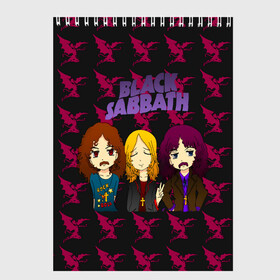Скетчбук с принтом Группа Black Sabbath в Ухте, 100% бумага
 | 48 листов, плотность листов — 100 г/м2, плотность картонной обложки — 250 г/м2. Листы скреплены сверху удобной пружинной спиралью | black sabbath | ozzy osbourne | ангелы | билл уорд | гизер батлер | группа | копыта | метал | музыка | надпись | оззи | осборн | песни | рога | рок | тони айомми | хард рок | хеви метал | черти