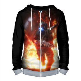 Мужская толстовка 3D на молнии с принтом Titanfall в Ухте, 100% полиэстер | длина до линии бедра, манжеты и пояс оформлены мягкой тканевой резинкой, двухслойный капюшон со шнурком для регулировки, спереди молния, по бокам два кармана | мех | мехи | пилот | пилоты | спектр | спектры | титан