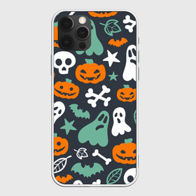Чехол для iPhone 12 Pro Halloween: в Ухте, силикон | область печати: задняя сторона чехла, без боковых панелей | звёзды | кости | летучие мыши | листья | привидения | тыквы