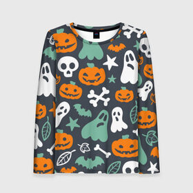 Женский лонгслив 3D с принтом Halloween в Ухте, 100% полиэстер | длинные рукава, круглый вырез горловины, полуприлегающий силуэт | звёзды | кости | летучие мыши | листья | привидения | тыквы
