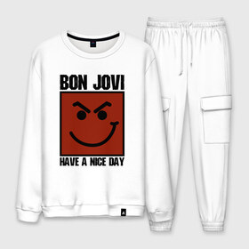 Мужской костюм хлопок с принтом Bon Jovi have a nice day в Ухте, 100% хлопок | на свитшоте круглая горловина, мягкая резинка по низу. Брюки заужены к низу, на них два вида карманов: два “обычных” по бокам и два объемных, с клапанами, расположенные ниже линии бедра. Брюки с мягкой трикотажной резинкой на поясе и по низу штанин. В поясе для дополнительного комфорта — широкие завязки | bon jovi | бон | бон джови | глэм | группа | джови | джон | метал | рок | хард