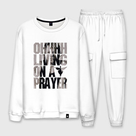 Мужской костюм хлопок с принтом Ohhhh living on a prayer в Ухте, 100% хлопок | на свитшоте круглая горловина, мягкая резинка по низу. Брюки заужены к низу, на них два вида карманов: два “обычных” по бокам и два объемных, с клапанами, расположенные ниже линии бедра. Брюки с мягкой трикотажной резинкой на поясе и по низу штанин. В поясе для дополнительного комфорта — широкие завязки | bon jovi | бон | бон джови | глэм | группа | джови | джон | рок | хард