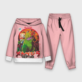 Детский костюм 3D (с толстовкой) с принтом Годзилла в Ухте,  |  | lizard | raptor | reptar | t rex  dino | годзила | годзилла | динозавр | иероглифы | монстр | япония | ящер