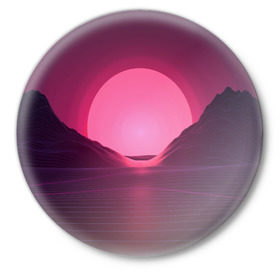Значок с принтом Cyber Sun в Ухте,  металл | круглая форма, металлическая застежка в виде булавки | Тематика изображения на принте: cyber | голограмма | горы | кибер | модные | полосы | ретро | свет | солнце | яркие