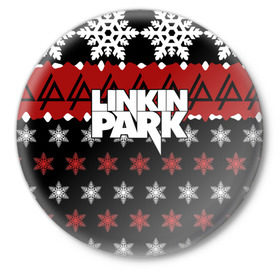 Значок с принтом Праздничный Linkin Park в Ухте,  металл | круглая форма, металлическая застежка в виде булавки | Тематика изображения на принте: b | chester | linkin park | альтернативный метал | альтернативный рок | беннингтон | группа | знак | красный | линкин парк | музыкант | надпись | новогодний | новый год | ню метал | певец | праздник | рождество