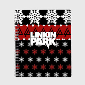 Тетрадь с принтом Праздничный Linkin Park в Ухте, 100% бумага | 48 листов, плотность листов — 60 г/м2, плотность картонной обложки — 250 г/м2. Листы скреплены сбоку удобной пружинной спиралью. Уголки страниц и обложки скругленные. Цвет линий — светло-серый
 | b | chester | linkin park | альтернативный метал | альтернативный рок | беннингтон | группа | знак | красный | линкин парк | музыкант | надпись | новогодний | новый год | ню метал | певец | праздник | рождество
