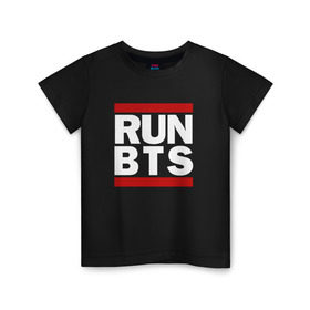 Детская футболка хлопок с принтом RUN BTS в Ухте, 100% хлопок | круглый вырез горловины, полуприлегающий силуэт, длина до линии бедер | Тематика изображения на принте: bangtan boys | bangtan sonyeondan | bts | bulletproof | j hope | jimin | jin | jungkook | k pop | rap monster | suga | v | бтс | ви | джин | пуленепробиваемые | рэп монстр | сюга | чимин | чонгук