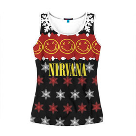 Женская майка 3D с принтом Nirvana праздничный в Ухте, 100% полиэстер | круглая горловина, прямой силуэт, длина до линии бедра | cobain | kurt | nirvana | альтернативный | боритон | гранж | группа | дональд | знак | кобейн | красный | крист новоселич | курт | музыка | музыкант | надпись | нирвана | новогодний | новый год | певец | праздник