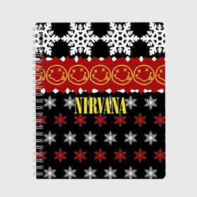 Тетрадь с принтом Nirvana праздничный в Ухте, 100% бумага | 48 листов, плотность листов — 60 г/м2, плотность картонной обложки — 250 г/м2. Листы скреплены сбоку удобной пружинной спиралью. Уголки страниц и обложки скругленные. Цвет линий — светло-серый
 | cobain | kurt | nirvana | альтернативный | боритон | гранж | группа | дональд | знак | кобейн | красный | крист новоселич | курт | музыка | музыкант | надпись | нирвана | новогодний | новый год | певец | праздник