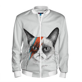 Мужской бомбер 3D с принтом Grumpy cat (David Bowie) в Ухте, 100% полиэстер | застегивается на молнию, по бокам два кармана без застежек, по низу бомбера и на воротнике - эластичная резинка | бодиарт | грумпи | дэвид боуи | злой кот | интернет | котей | котик | кошка | мем | мемас | мемчик. | молния на лице | рисунок на лице | сердитый