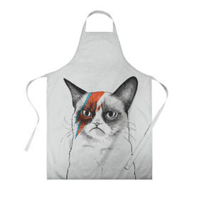 Фартук 3D с принтом Grumpy cat (David Bowie) в Ухте, 100% полиэстер | общий размер — 65 х 85 см, ширина нагрудника — 26 см, горловина — 53 см, длина завязок — 54 см, общий обхват в поясе — 173 см. Принт на завязках и на горловине наносится с двух сторон, на основной части фартука — только с внешней стороны | бодиарт | грумпи | дэвид боуи | злой кот | интернет | котей | котик | кошка | мем | мемас | мемчик. | молния на лице | рисунок на лице | сердитый