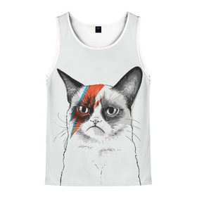 Мужская майка 3D с принтом Grumpy cat (David Bowie) в Ухте, 100% полиэстер | круглая горловина, приталенный силуэт, длина до линии бедра. Пройма и горловина окантованы тонкой бейкой | бодиарт | грумпи | дэвид боуи | злой кот | интернет | котей | котик | кошка | мем | мемас | мемчик. | молния на лице | рисунок на лице | сердитый