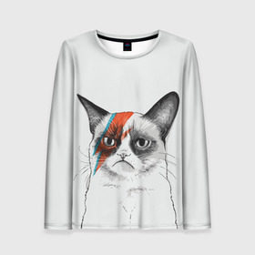 Женский лонгслив 3D с принтом Grumpy cat (David Bowie) в Ухте, 100% полиэстер | длинные рукава, круглый вырез горловины, полуприлегающий силуэт | бодиарт | грумпи | дэвид боуи | злой кот | интернет | котей | котик | кошка | мем | мемас | мемчик. | молния на лице | рисунок на лице | сердитый
