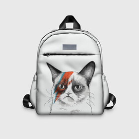 Детский рюкзак 3D с принтом Grumpy cat (David Bowie) в Ухте, 100% полиэстер | лямки с регулируемой длиной, сверху петелька, чтобы рюкзак можно было повесить на вешалку. Основное отделение закрывается на молнию, как и внешний карман. Внутри дополнительный карман. По бокам два дополнительных кармашка | бодиарт | грумпи | дэвид боуи | злой кот | интернет | котей | котик | кошка | мем | мемас | мемчик. | молния на лице | рисунок на лице | сердитый