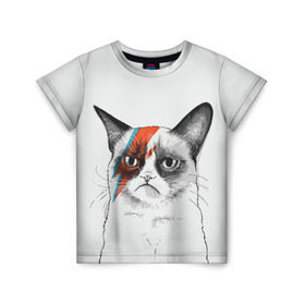 Детская футболка 3D с принтом Grumpy cat (David Bowie) в Ухте, 100% гипоаллергенный полиэфир | прямой крой, круглый вырез горловины, длина до линии бедер, чуть спущенное плечо, ткань немного тянется | бодиарт | грумпи | дэвид боуи | злой кот | интернет | котей | котик | кошка | мем | мемас | мемчик. | молния на лице | рисунок на лице | сердитый