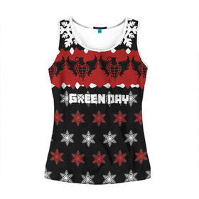Женская майка 3D с принтом Праздничный Green Day в Ухте, 100% полиэстер | круглая горловина, прямой силуэт, длина до линии бедра | american idiot | green day | альтернативный | билли джо армстронг | грин дей | группа | зелёный день | знак | красный | майк дёрнт | музыка | надпись | новогодний | новый год | панк | поп | поппанк | праздник