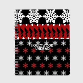 Тетрадь с принтом Праздничный Hollywood Undead в Ухте, 100% бумага | 48 листов, плотность листов — 60 г/м2, плотность картонной обложки — 250 г/м2. Листы скреплены сбоку удобной пружинной спиралью. Уголки страниц и обложки скругленные. Цвет линий — светло-серый
 | charlie scene | danny | funny man | hollywood | j dog | johnny 3 tears | undead | андед | голивуд | голливудская | группа | знак | кранккор | красный | метал | надпись | нежить | новогодний | новый год | ню | праздник | реп | рождество