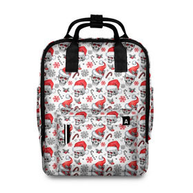 Женский рюкзак 3D с принтом Skulls in Santa hat в Ухте, 100% полиэстер | лямки с регулируемой длиной, сверху ручки, чтобы рюкзак нести как сумку. Основное отделение закрывается на молнию, как и внешний карман. Внутри два дополнительных кармана, один из которых закрывается на молнию. По бокам два дополнительных кармашка, куда поместится маленькая бутылочка
 | зима | новый год | подарок | рождество