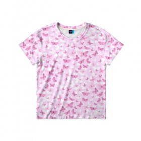 Детская футболка 3D с принтом Розовые бабочки в Ухте, 100% гипоаллергенный полиэфир | прямой крой, круглый вырез горловины, длина до линии бедер, чуть спущенное плечо, ткань немного тянется | 