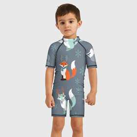 Детский купальный костюм 3D Новогодний лис: в Ухте, Полиэстер 85%, Спандекс 15% | застежка на молнии на спине | елка | лисички | новый год | снег | снежинки