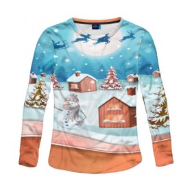 Женский лонгслив 3D с принтом Рождество в Ухте, 100% полиэстер | длинные рукава, круглый вырез горловины, полуприлегающий силуэт | christmas | new year | santa | дед мороз | елка | елочки | новогодний | новый год | рождество | сантаклаус | снег | снежинки