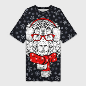 Платье-футболка 3D с принтом Лев в Ухте,  |  | christmas | headphones | holiday | lion | look | music | music fan | predator | santa claus | scarf | взгляд | дед мороз | зима | лев | меломан | музыка | наушники | новый год | очки | праздник | рождество | санта клаус | снег | снежинки | хищни