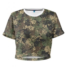 Женская футболка 3D укороченная Камуфляж с волчьими следами: в Ухте, 100% полиэстер | круглая горловина, длина футболки до линии талии, рукава с отворотами | волк | камуфляж | милитари | охота | паттерн | пес | след | собака | хаки