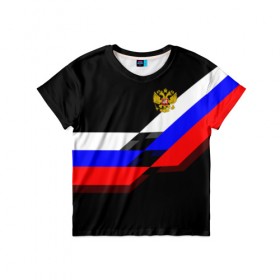 Детская футболка 3D с принтом RUSSIA - Black Collection в Ухте, 100% гипоаллергенный полиэфир | прямой крой, круглый вырез горловины, длина до линии бедер, чуть спущенное плечо, ткань немного тянется | Тематика изображения на принте: russia | герб | россия | триколор | флаг