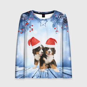 Женский лонгслив 3D с принтом Новогодние собачки в Ухте, 100% полиэстер | длинные рукава, круглый вырез горловины, полуприлегающий силуэт | christmas | new year | santa | год собаки | елка | елочки | новогодний | новый год | рождество | снег | снежинки | собака