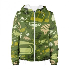 Женская куртка 3D с принтом Tea pattern в Ухте, ткань верха — 100% полиэстер, подклад — флис | прямой крой, подол и капюшон оформлены резинкой с фиксаторами, два кармана без застежек по бокам, один большой потайной карман на груди. Карман на груди застегивается на липучку | bombing | pattern | tea | бомбинг | листья | напиток | текстуры | узор | чай