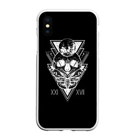 Чехол для iPhone XS Max матовый с принтом Череп ХХI-XVII на черном фоне в Ухте, Силикон | Область печати: задняя сторона чехла, без боковых панелей | black  white | bones | figures | geometry | inscriptions | moon | moth | skull | tattoo | triangles | геометрия | кости | луна | мотылек | надписи | тату | треугольники | цифры | череп | черно белое