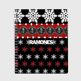Тетрадь с принтом Праздничный Ramones в Ухте, 100% бумага | 48 листов, плотность листов — 60 г/м2, плотность картонной обложки — 250 г/м2. Листы скреплены сбоку удобной пружинной спиралью. Уголки страниц и обложки скругленные. Цвет линий — светло-серый
 | ramones | группа | джонни | джоуи | ди ди томми | знак | красный | марк | надпись | новогодний | новый год | панк | поп | праздник | раманес | раманэс | рамон | рамонес | рамонэс | рамоун | рамоунз | рамоунс