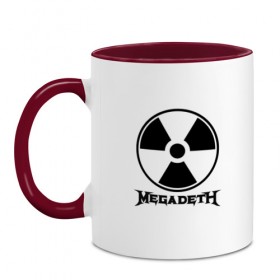 Кружка двухцветная с принтом Megadeth в Ухте, керамика | объем — 330 мл, диаметр — 80 мм. Цветная ручка и кайма сверху, в некоторых цветах — вся внутренняя часть | megadet | megadeth | группа | дирк вербурен | дэвид эллефсон | дэйв мастейн | кико лоурейро | мегадет | мегадетх | метал | рок | трэш | трэшметал | тяжелый | хард | хардрок | хеви | хевиметал