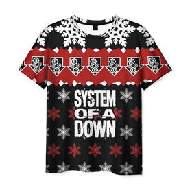 Мужская футболка 3D с принтом Праздничный System of a Down в Ухте, 100% полиэфир | прямой крой, круглый вырез горловины, длина до линии бедер | soad | soil | system of a down | группа | дав | дарон малакян | джон долмаян | знак | красный | надпись | новогодний | новый год | оф | праздник | рождество | рок | серж танкян | систем | снежинки | соад | сод | соэд