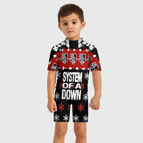 Детский купальный костюм 3D с принтом Праздничный System of a Down в Ухте, Полиэстер 85%, Спандекс 15% | застежка на молнии на спине | Тематика изображения на принте: soad | soil | system of a down | группа | дав | дарон малакян | джон долмаян | знак | красный | надпись | новогодний | новый год | оф | праздник | рождество | рок | серж танкян | систем | снежинки | соад | сод | соэд