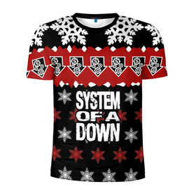 Мужская футболка 3D спортивная с принтом Праздничный System of a Down в Ухте, 100% полиэстер с улучшенными характеристиками | приталенный силуэт, круглая горловина, широкие плечи, сужается к линии бедра | soad | soil | system of a down | группа | дав | дарон малакян | джон долмаян | знак | красный | надпись | новогодний | новый год | оф | праздник | рождество | рок | серж танкян | систем | снежинки | соад | сод | соэд