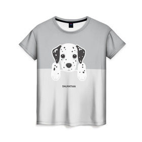 Женская футболка 3D с принтом Dalmatian Puppy в Ухте, 100% полиэфир ( синтетическое хлопкоподобное полотно) | прямой крой, круглый вырез горловины, длина до линии бедер | далматин | далматинец | домашние животные | пес | песик | собака | собачка | терьер | шпиц