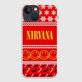 Чехол для iPhone 13 mini с принтом Праздничный Nirvana в Ухте,  |  | cobain | kurt | nirvana | альтернативный | гранж | группа | дональд | знак | кобейн | красный | курт | музыка | музыкант | надпись | нервана | нирвана | новогодний | новоселич | новый год | певец | праздник
