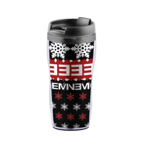 Термокружка-непроливайка с принтом Праздничный Eminem в Ухте, внутренняя часть — пищевой пластик, наружная часть — прозрачный пластик, между ними — полиграфическая вставка с рисунком | объем — 350 мл, герметичная крышка | hip hop | hiphop | mc | rap | брюс | еменем | еминем | зачитал | знак | красный | маршалл | мс | мэтерс | надпись | новогодний | новый год | праздник | реп | репер | речитатив | рождество | рэп | рэпер | снежинки | хип
