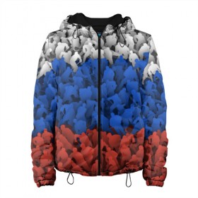 Женская куртка 3D с принтом Флаг России из хоккеистов в Ухте, ткань верха — 100% полиэстер, подклад — флис | прямой крой, подол и капюшон оформлены резинкой с фиксаторами, два кармана без застежек по бокам, один большой потайной карман на груди. Карман на груди застегивается на липучку | зима | лед | олимпиада | россия | сборная | спорт | триколор | хокей | хоккеист | хоккей | чемпионат