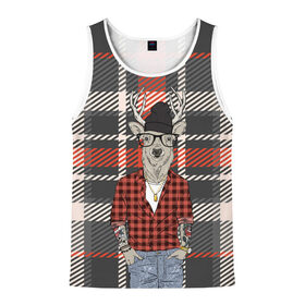 Мужская майка 3D с принтом Олень хипстер в Ухте, 100% полиэстер | круглая горловина, приталенный силуэт, длина до линии бедра. Пройма и горловина окантованы тонкой бейкой | Тематика изображения на принте: животные | клетка | текстуры | хипстер