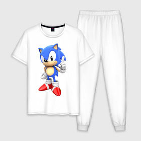 Мужская пижама хлопок с принтом Classic Sonic в Ухте, 100% хлопок | брюки и футболка прямого кроя, без карманов, на брюках мягкая резинка на поясе и по низу штанин
 | 16 бит | sega | sonic | классический соник
