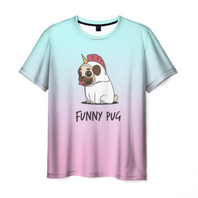 Мужская футболка 3D с принтом Funny PUG в Ухте, 100% полиэфир | прямой крой, круглый вырез горловины, длина до линии бедер | animals | dog | dogs | gradient | illustration | inscription | lettering | pug | puppy | unicorn | градиент | единорог | животные | иллюстрация | леттеринг | мопс | надпись | песик | собаки | щенок