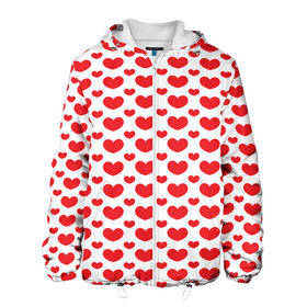 Мужская куртка 3D с принтом Красные сердечки в Ухте, ткань верха — 100% полиэстер, подклад — флис | прямой крой, подол и капюшон оформлены резинкой с фиксаторами, два кармана без застежек по бокам, один большой потайной карман на груди. Карман на груди застегивается на липучку | 