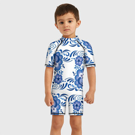 Детский купальный костюм 3D с принтом Гжель в Ухте, Полиэстер 85%, Спандекс 15% | застежка на молнии на спине | гжель | текстура | узор | цветы