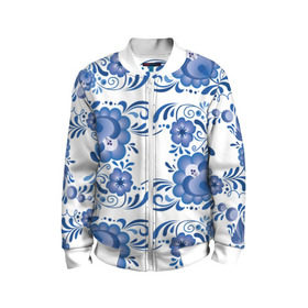 Детский бомбер 3D с принтом Гжель в Ухте, 100% полиэстер | застегивается на молнию, по бокам два кармана без застежек, мягкие манжеты, по низу бомбера и на воротнике — эластичная резинка | гжель | текстура | узор | цветы