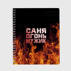 Тетрадь с принтом Саня огонь мужик в Ухте, 100% бумага | 48 листов, плотность листов — 60 г/м2, плотность картонной обложки — 250 г/м2. Листы скреплены сбоку удобной пружинной спиралью. Уголки страниц и обложки скругленные. Цвет линий — светло-серый
 | александр | в костре | в огне | девушка | женское | имя | костер | муж | мужик | мужчина | надпись | огонь | парень | пламени | пламя | пожар | пожарище | санька | саня | сашя | слова | стальная | языки