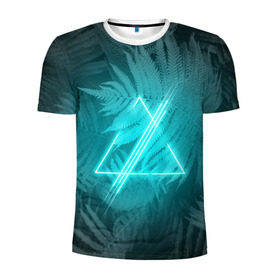 Мужская футболка 3D спортивная с принтом Neon light blue в Ухте, 100% полиэстер с улучшенными характеристиками | приталенный силуэт, круглая горловина, широкие плечи, сужается к линии бедра | неон | папоротник | треугольник